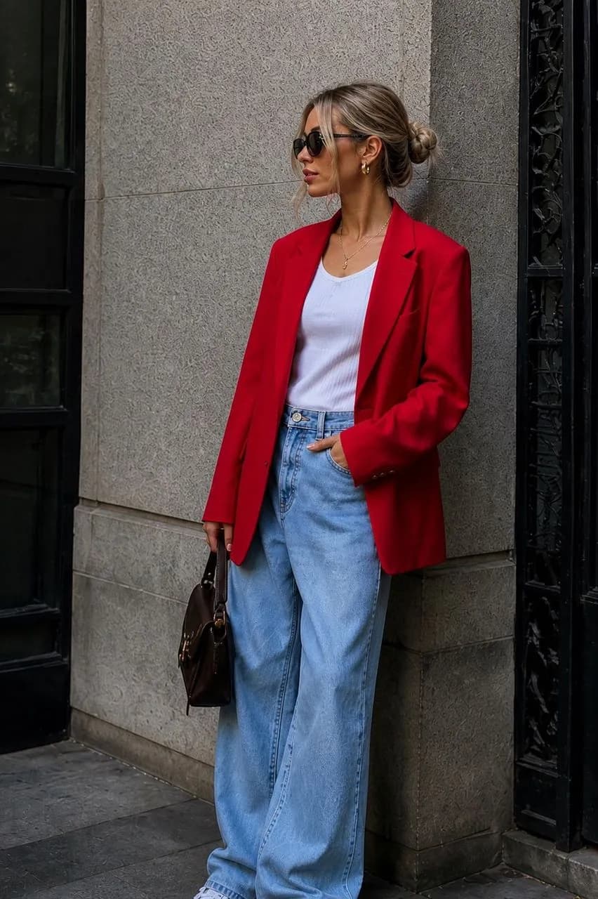 Americana en blanco, blusa en blanco, vaqueros en azul y botas en blanco