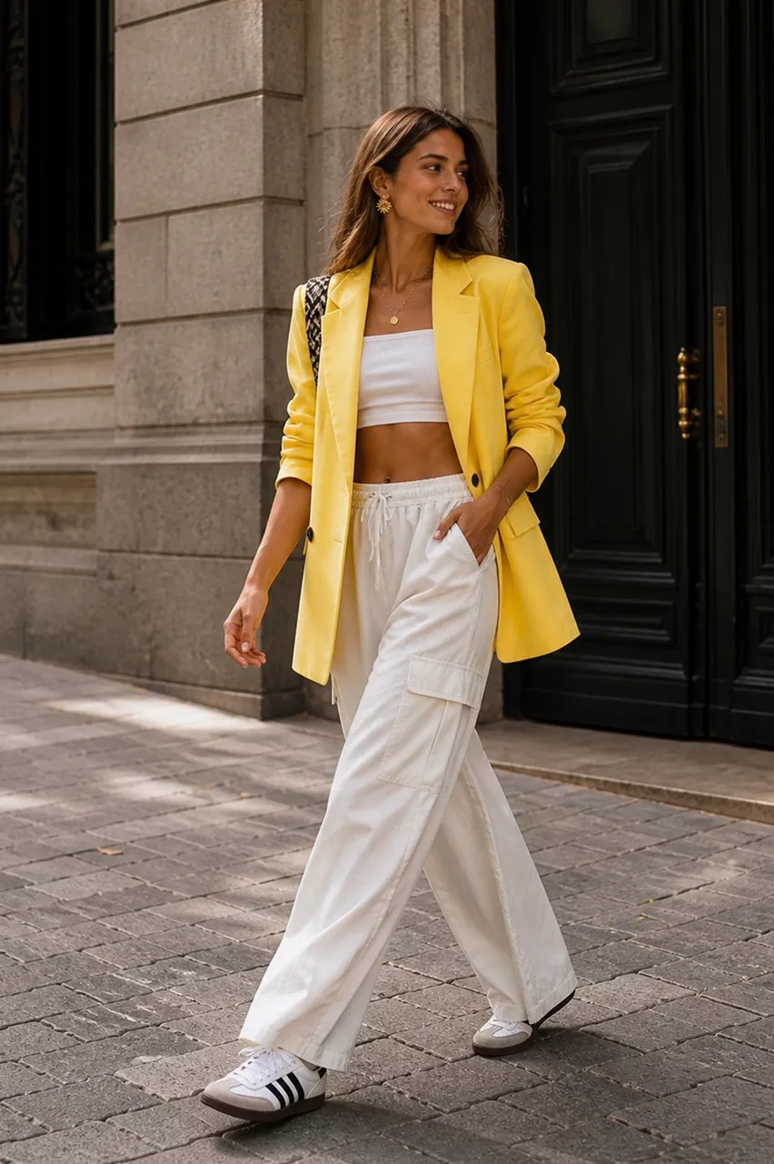 Estilo urbano con blazer amarillo y básicos