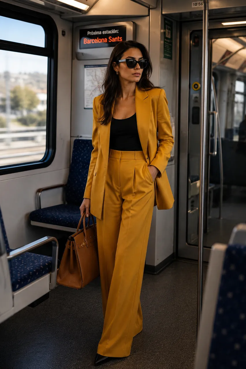 Estilo urbano con traje mostaza