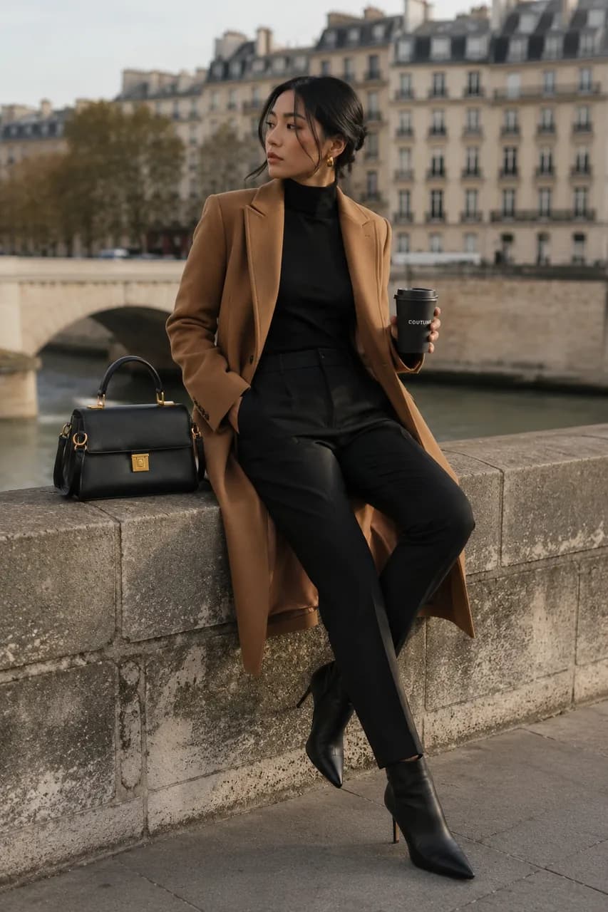 Estilo urbano con abrigo camel y negro
