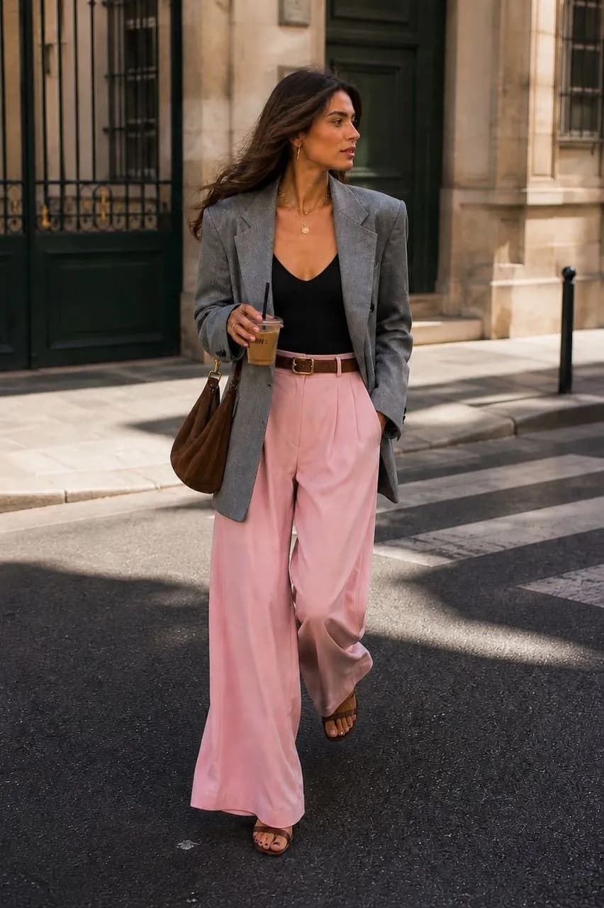 Estilo urbano con blazer y pantalones rosa