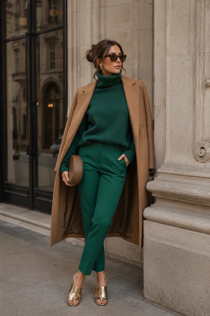 Estilo elegante en verde y camel
