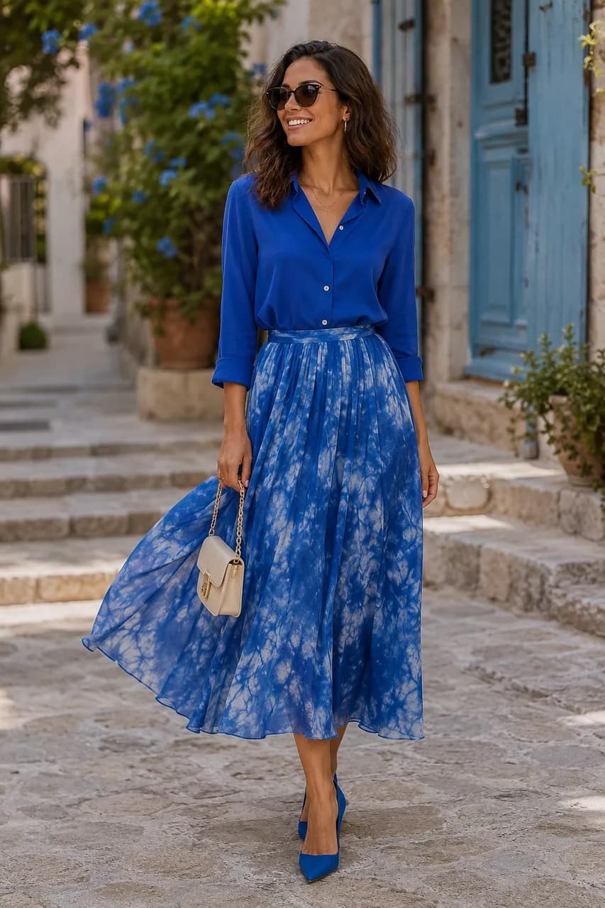 Elegancia en azul con falda estampada