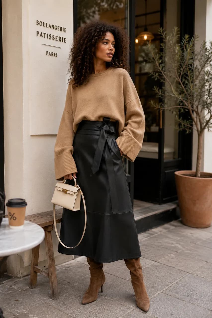 Estilo chic en tonos neutros y cuero