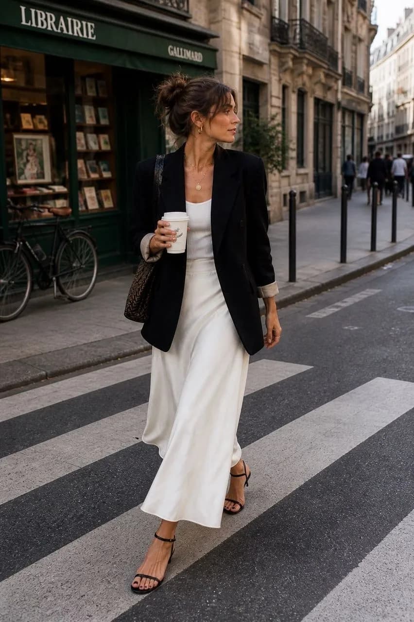 Vestido blanco con blazer negro para un look chic