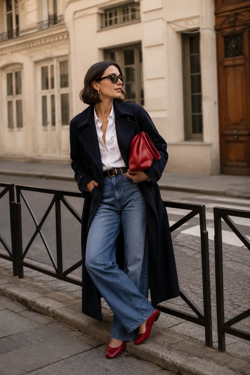 Estilo clásico con jeans y abrigo largo