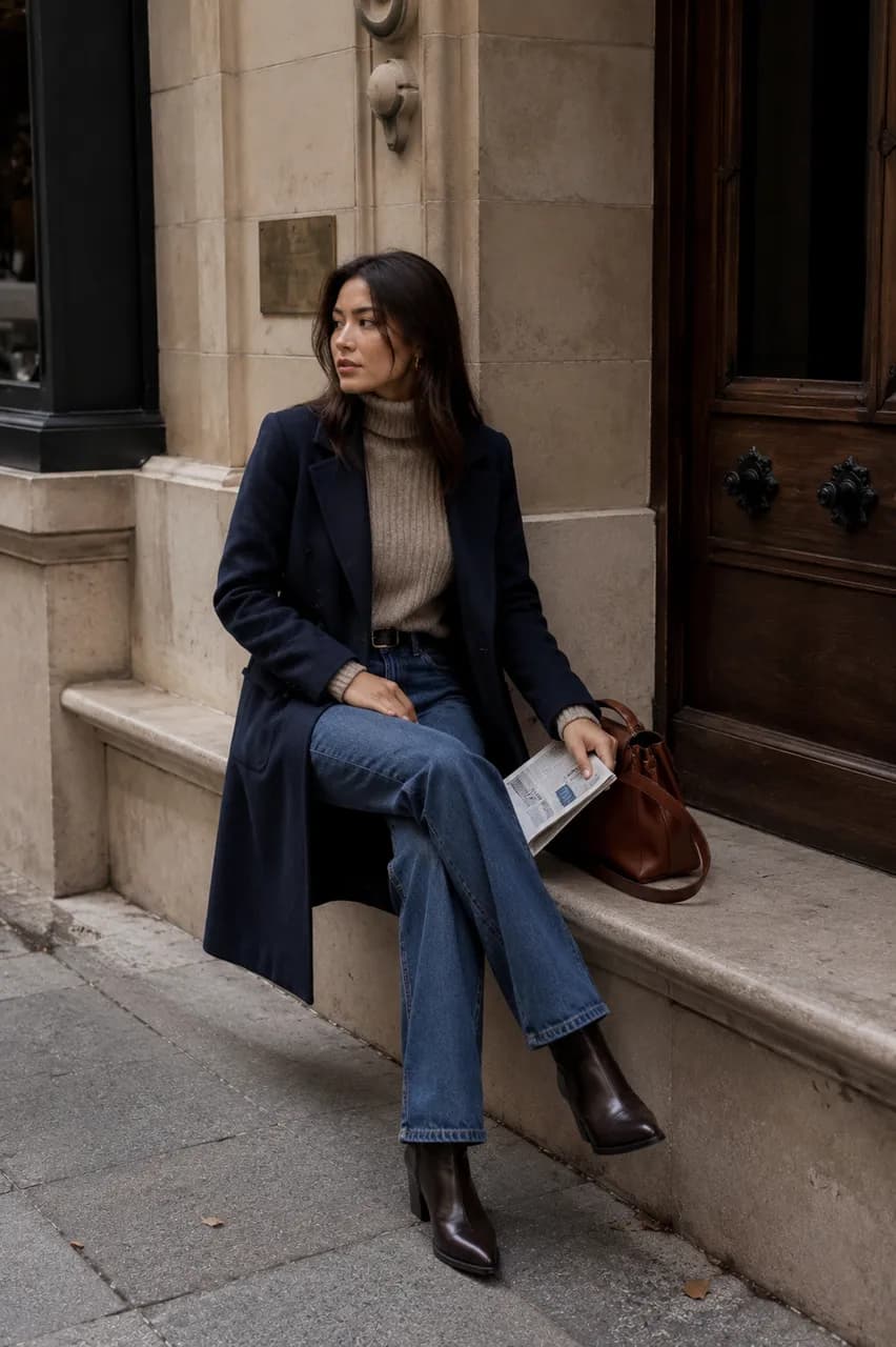Estilo clásico con abrigo y denim
