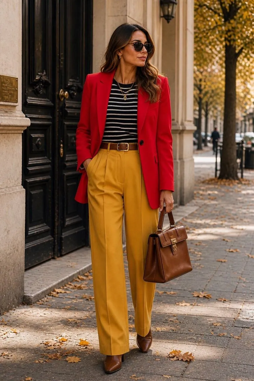 Americana en rojo, camiseta en negro, pantalón en amarillo y botas en marrón
