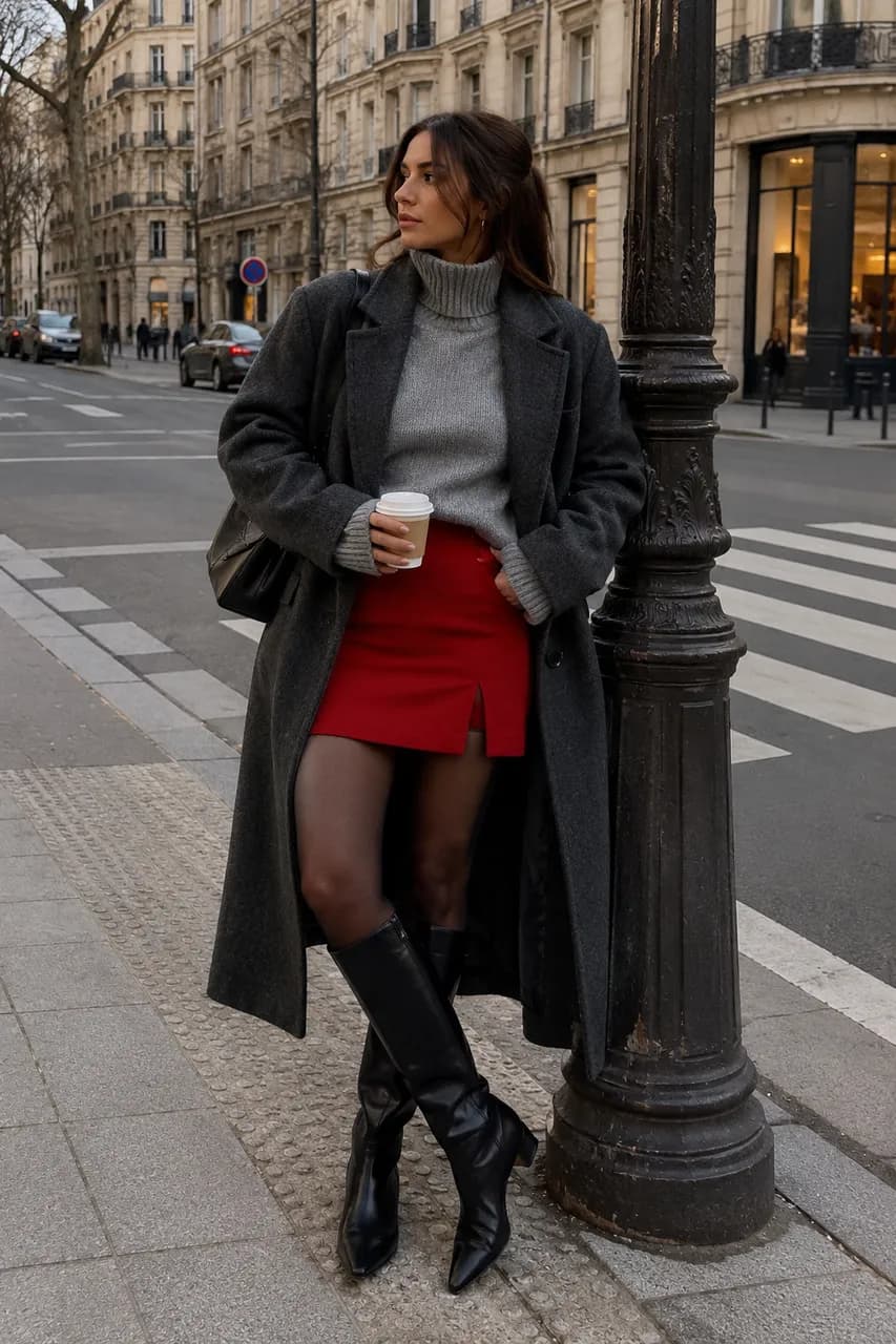 Estilo urbano con falda roja y abrigo gris