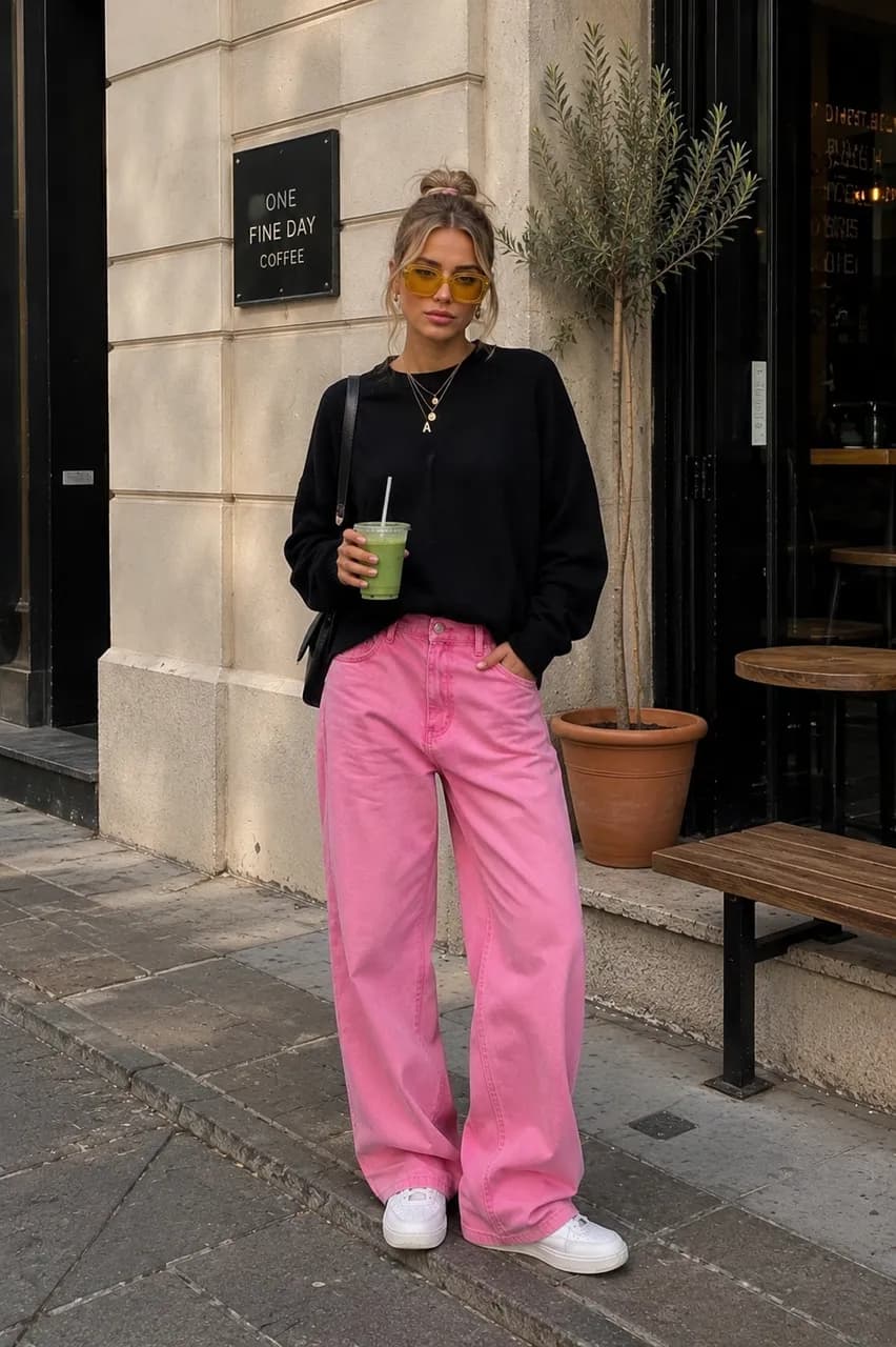 Estilo urbano con pantalones rosas y negro