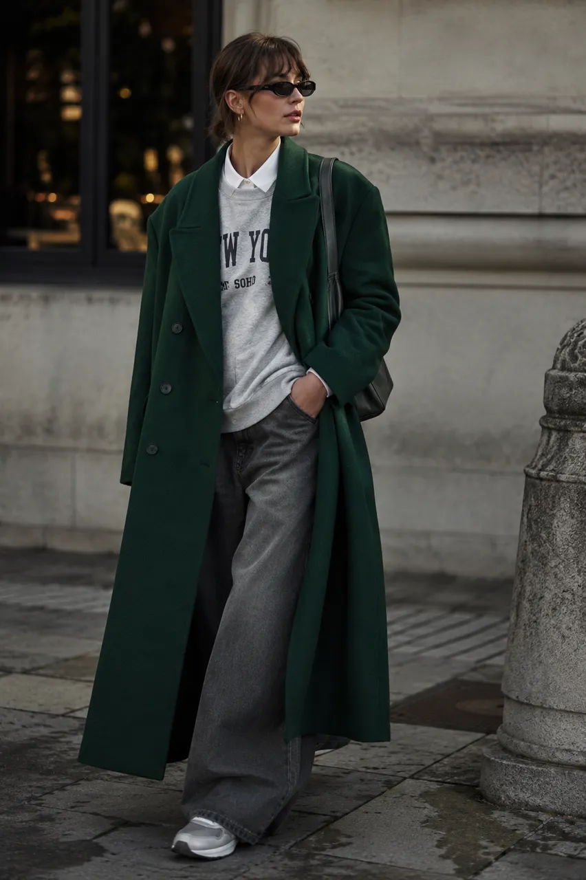 Estilo urbano con abrigo verde y denim
