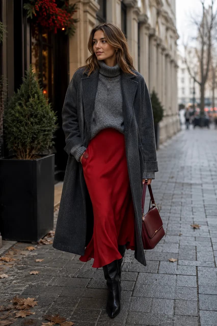 Estilo urbano con falda roja y abrigo gris