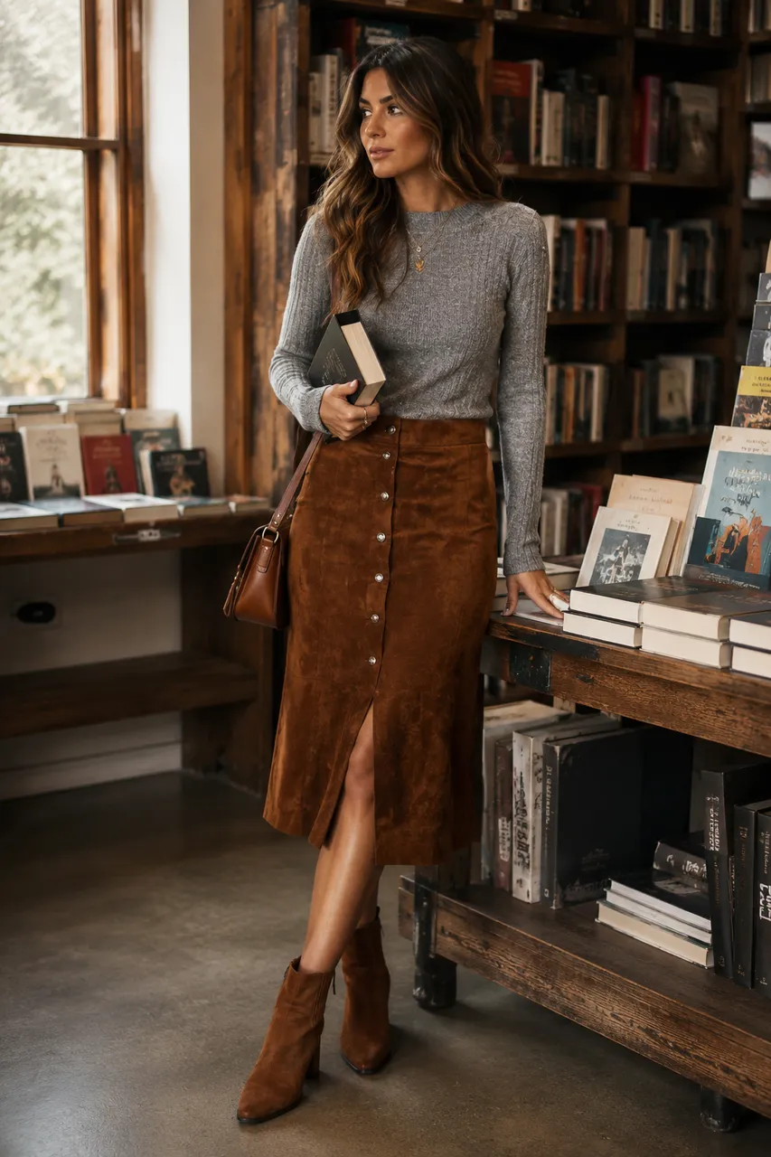Estilo clásico con falda marrón y suéter gris