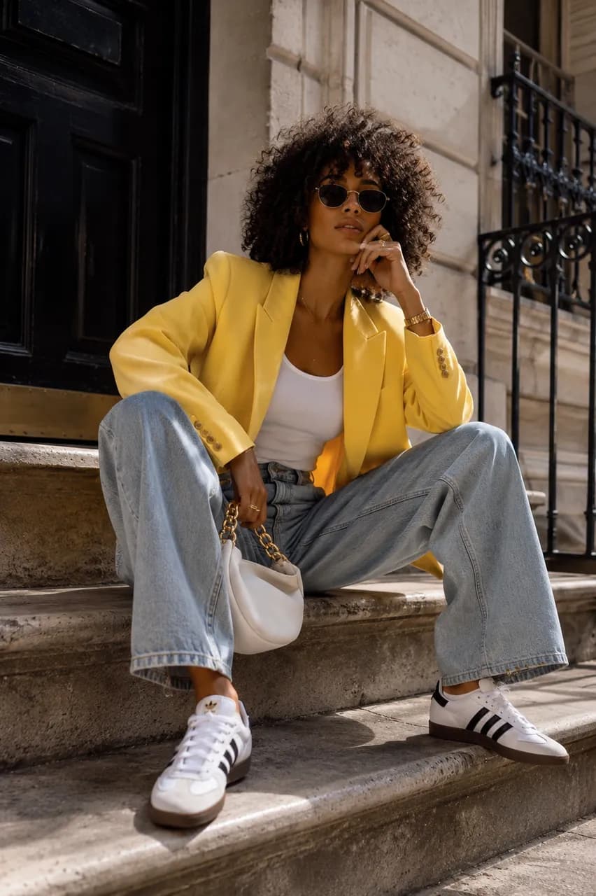 Estilo urbano con blazer amarillo y denim