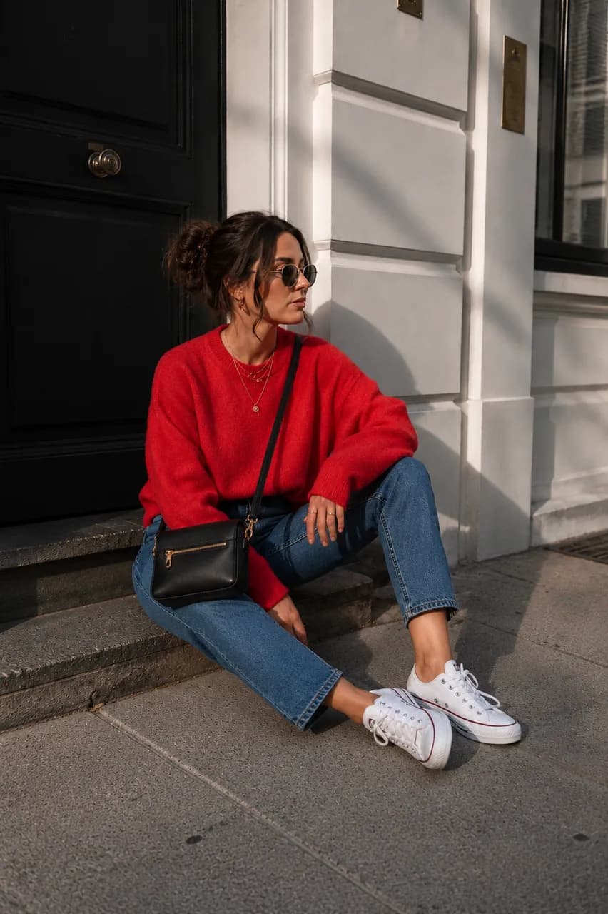 Estilo casual con suéter rojo y denim