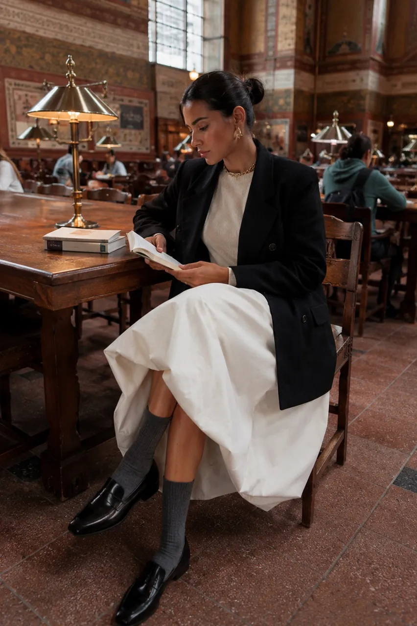 Estilo clásico con falda blanca y blazer