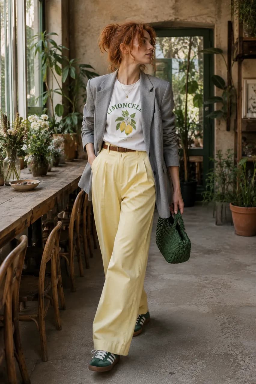 Estilo casual con blazer gris y pantalones amarillos