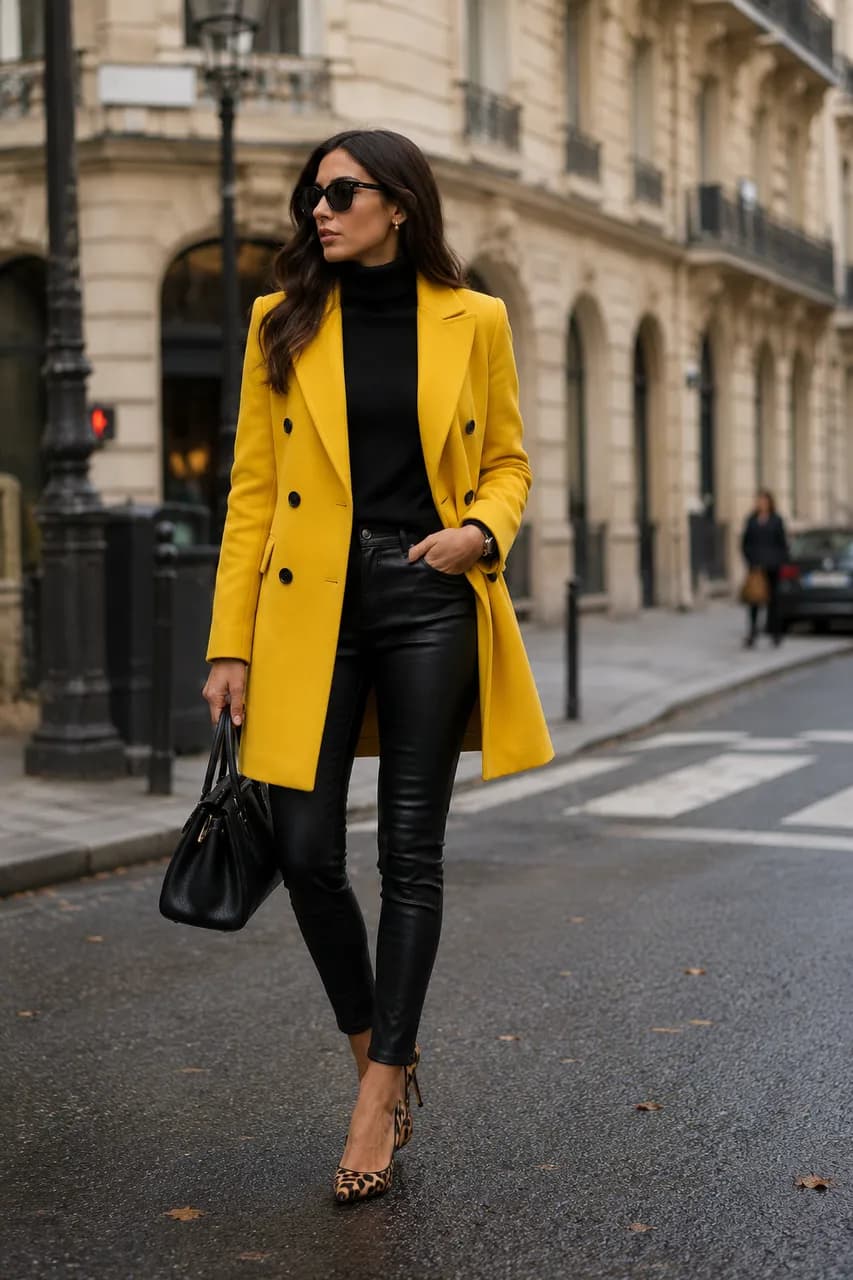 Estilo urbano con abrigo amarillo y cuero