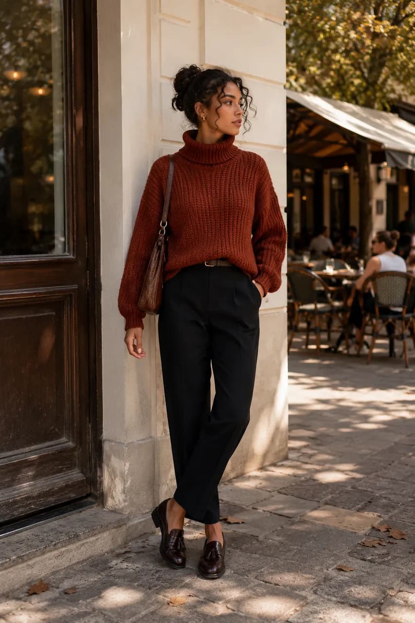 Estilo clásico con suéter de punto y pantalones
