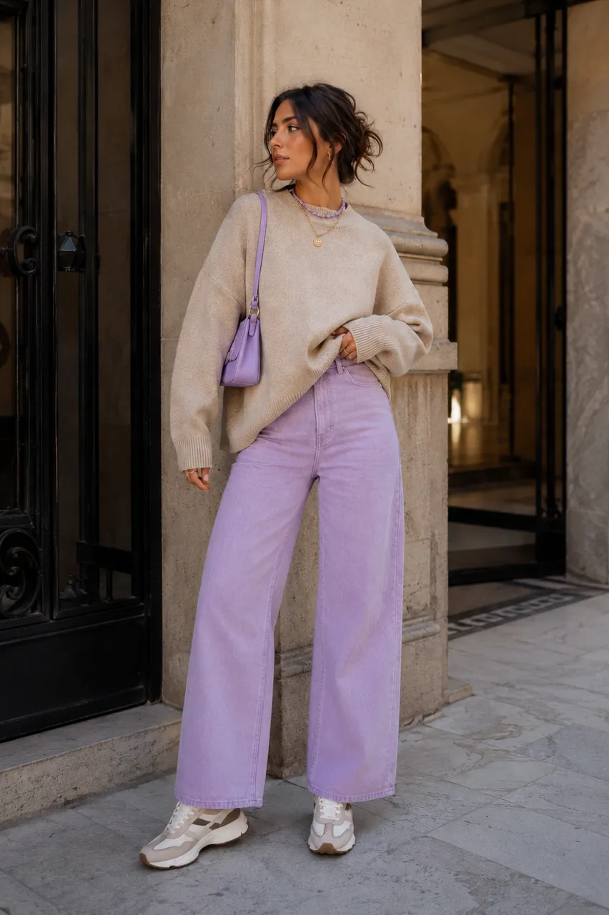 Estilo casual con tonos lavanda y beige