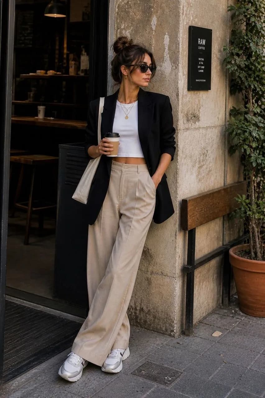 Estilo casual chic con blazer y tonos neutros
