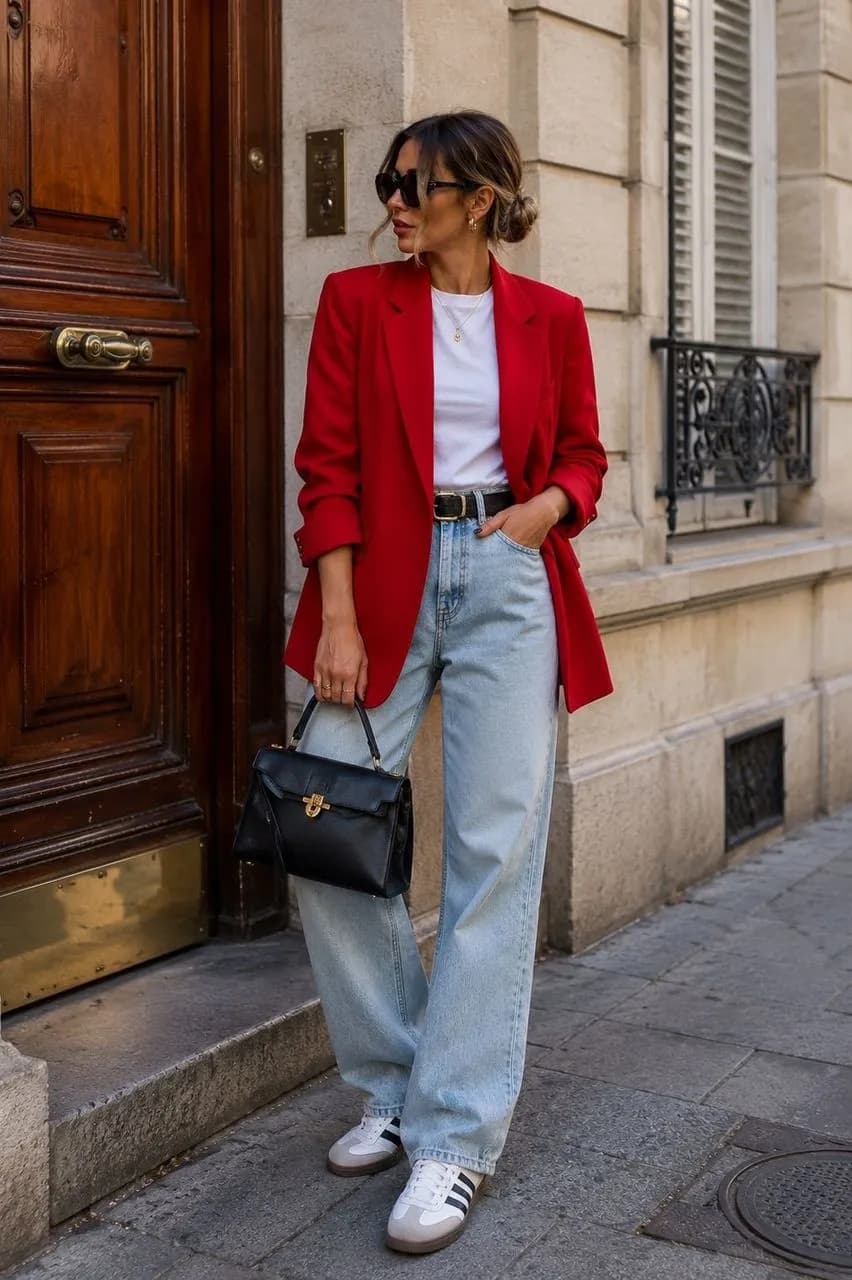 Americana en rojo, camiseta en blanco, vaqueros en azul y deportivas en blanco