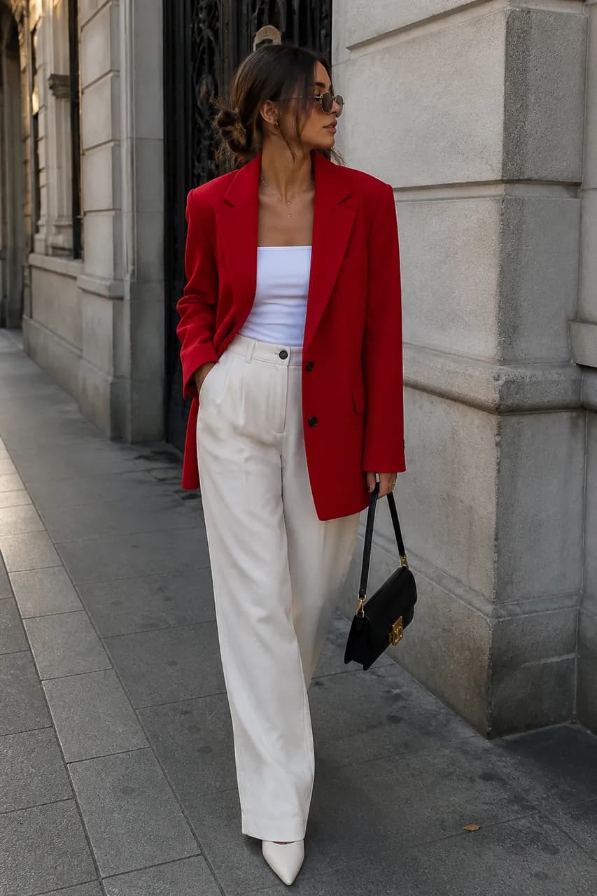 Americana en rojo, camiseta en blanco, pantalón en beige y tacones en blanco