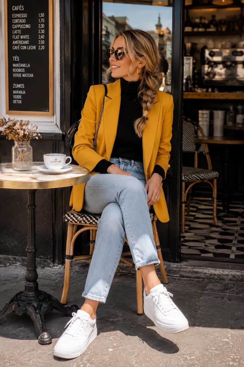 Estilo casual chic con blazer mostaza