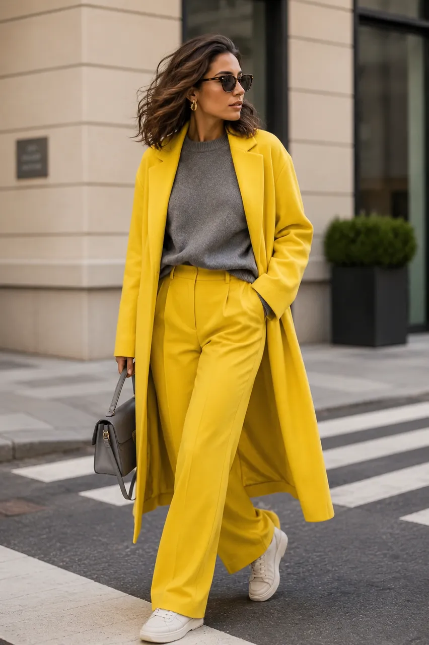 Estilo urbano con abrigo amarillo y gris