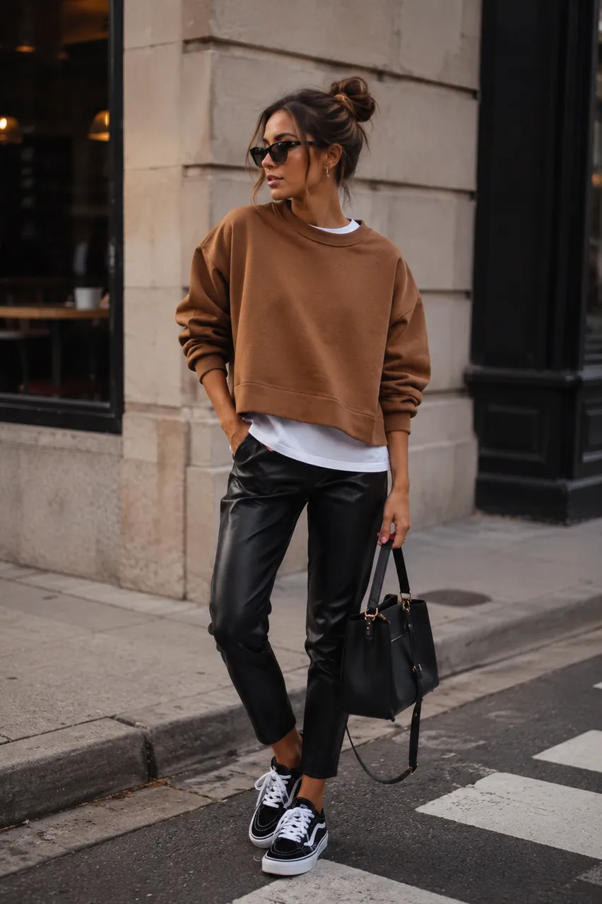 Estilo urbano con sudadera marrón y cuero