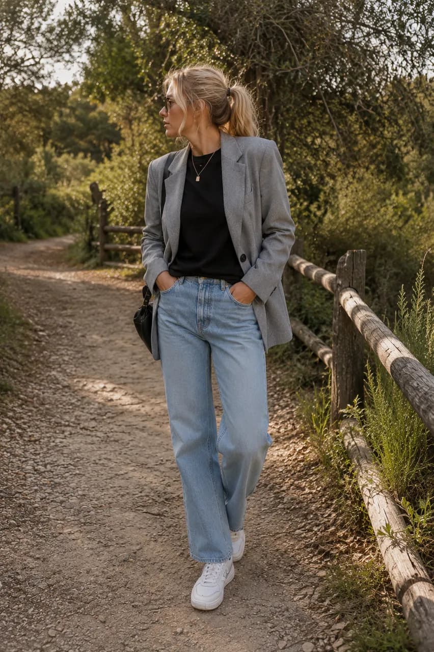 Estilo casual chic con blazer gris y denim