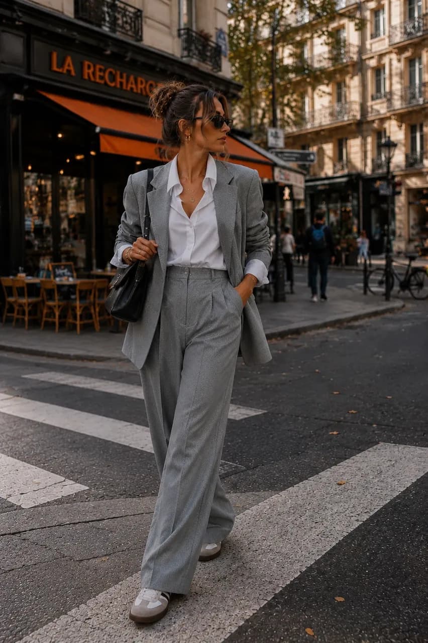 Estilo urbano con traje gris y sneakers