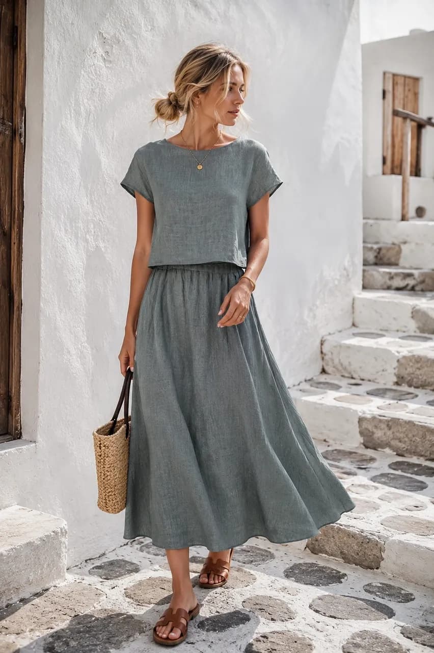Vestido midi en tonos suaves para un look veraniego