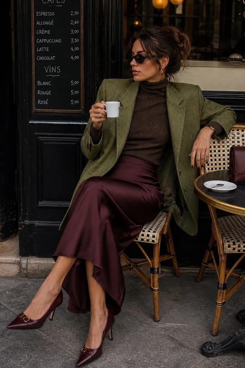 Americana en verde, jersey de punto en marrón, falda en morado y tacones en mora