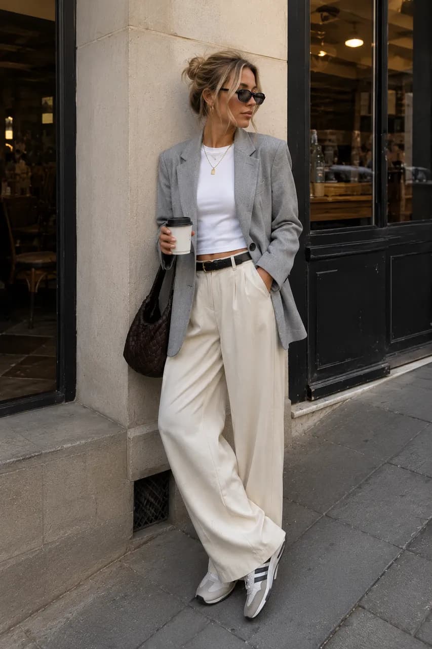 Estilo urbano con blazer gris y básicos neutros