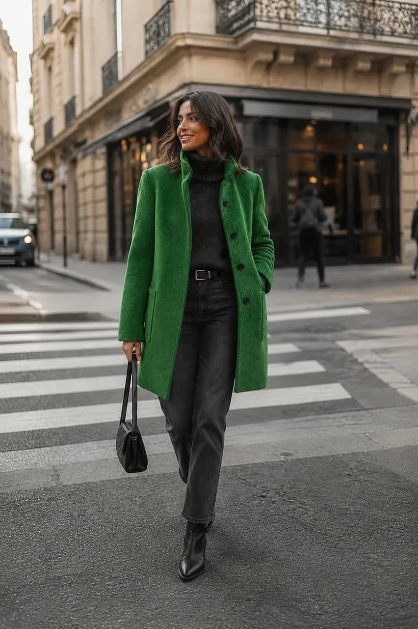 Estilo urbano con abrigo verde y denim