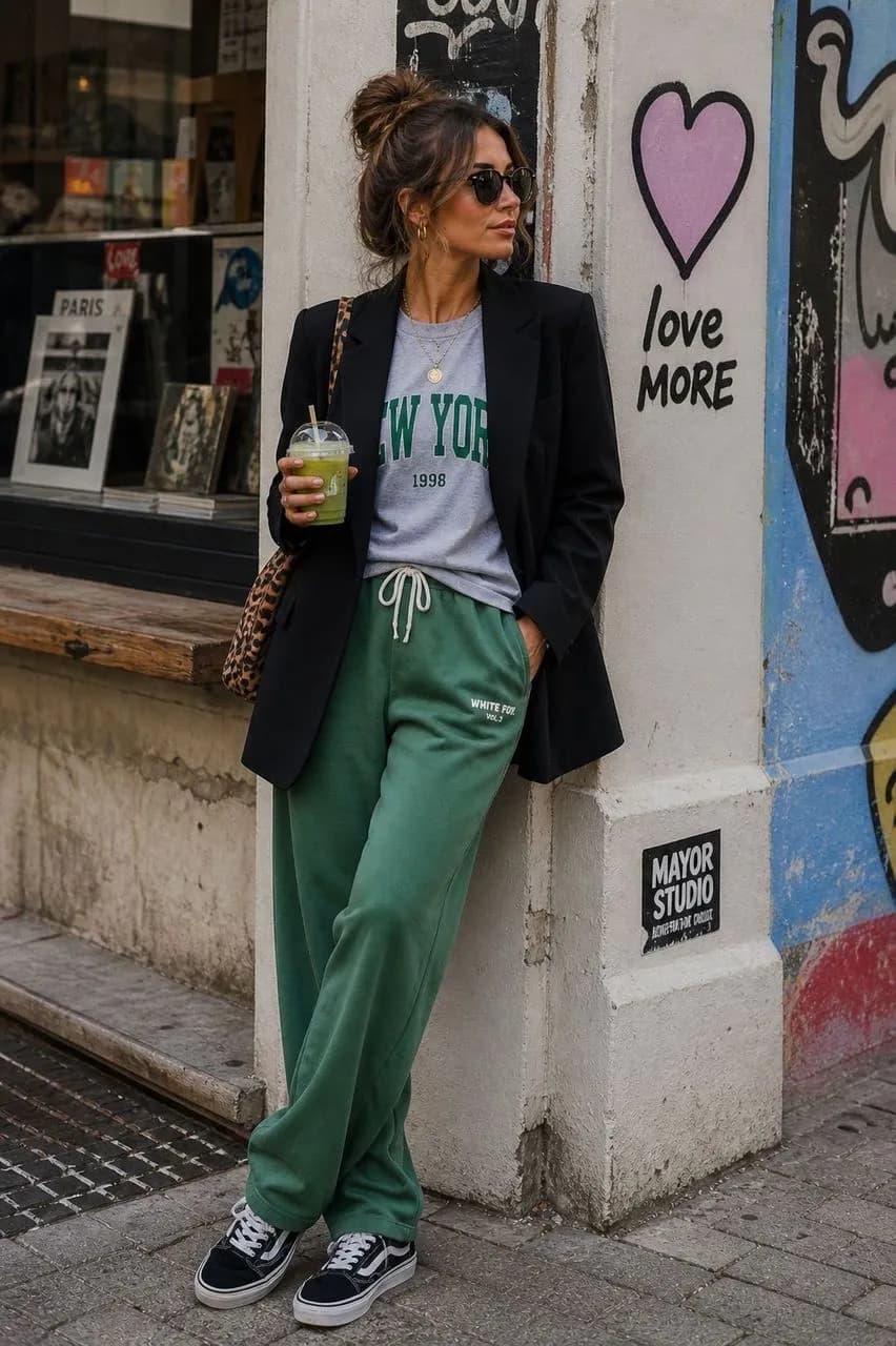 Estilo urbano con blazer y joggers verdes
