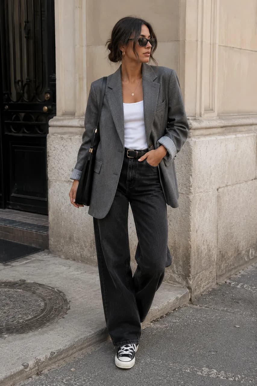 Estilo urbano con blazer gris y denim