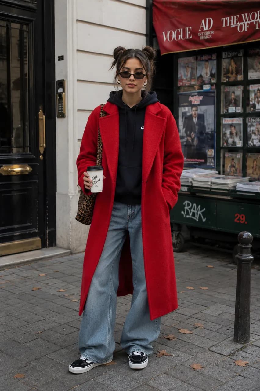 Estilo urbano con abrigo rojo y denim