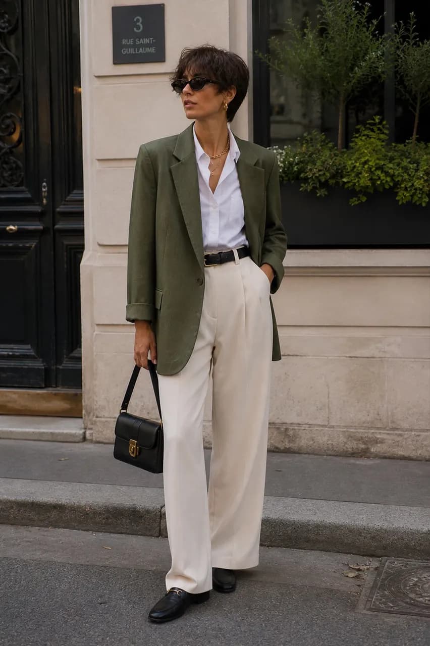 Estilo clásico con blazer verde y tonos neutros
