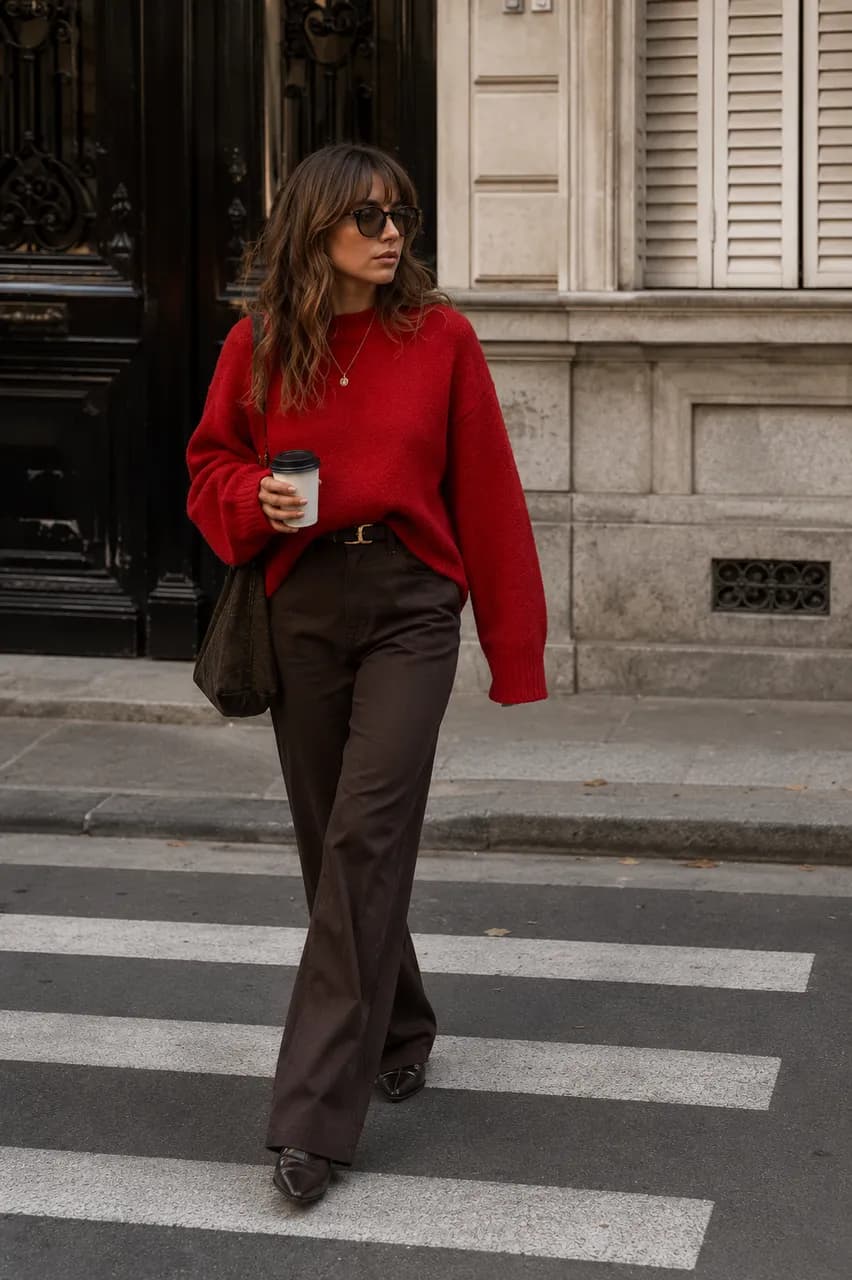 Estilo urbano con suéter rojo y pantalones marrones