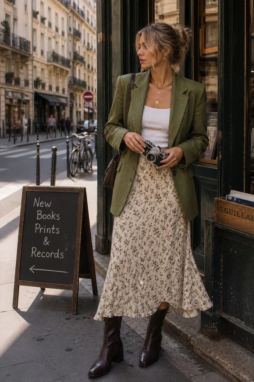 Americana en verde, camiseta en blanco, falda con estampado y botas en marrón