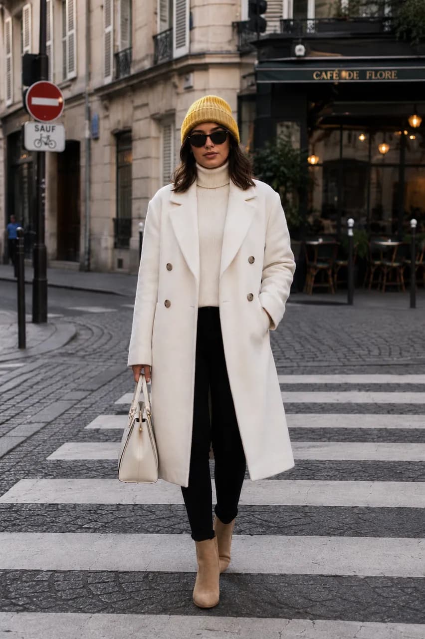 Estilo urbano con abrigo blanco y toques neutros