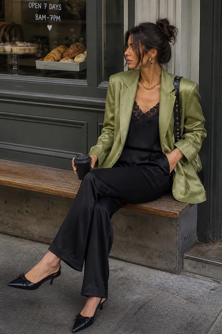 Chic urbano con blazer verde y negro