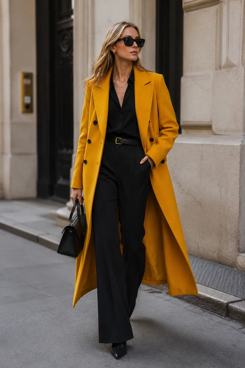 Abrigo mostaza sobre negro elegante