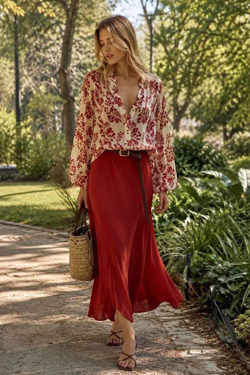 Estilo romántico con falda roja y blusa estampada