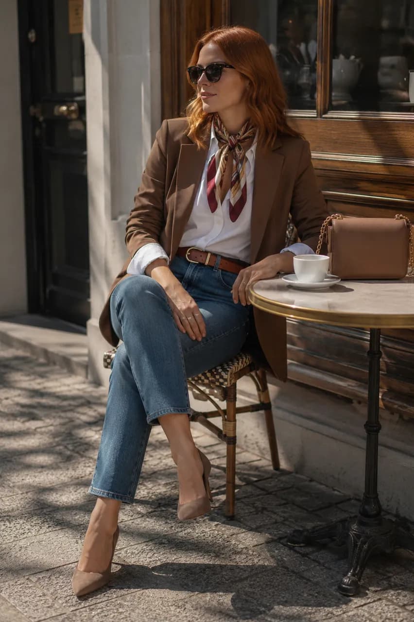 Estilo clásico con blazer marrón y denim