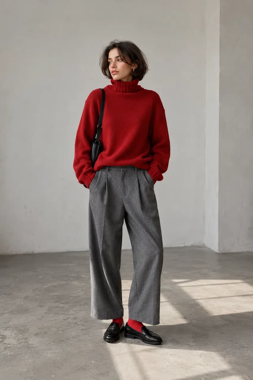 Estilo moderno con suéter rojo y pantalones grises