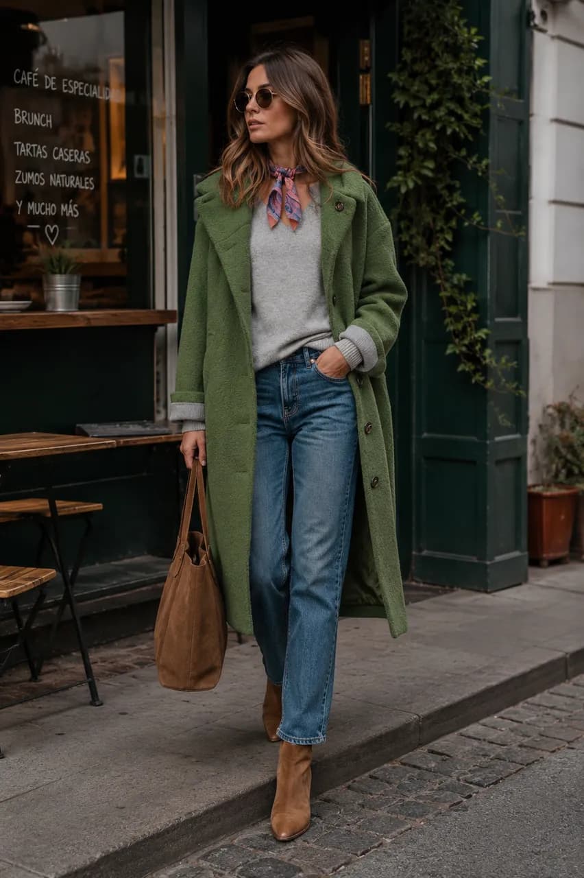 Estilo casual con abrigo verde y denim