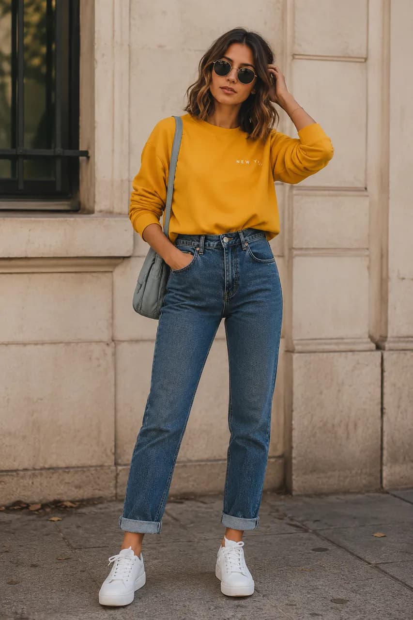 Estilo casual con sudadera amarilla y denim
